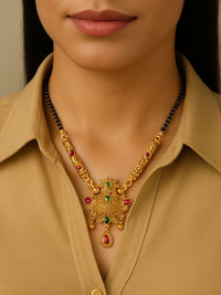 Etnico Gold Plated Traditional Pendant & Black Bead Chain Mangalsutra With Earrings For Women
