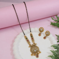 Etnico Gold Plated Traditional Studded Pendant & Black Bead Chain Mangalsutra With Earrings For Women