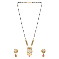 Etnico Gold Plated Traditional Studded Pendant & Black Bead Chain Mangalsutra With Earrings For Women