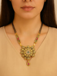 Etnico Gold Plated Traditional antique Pendant & Black Bead Chain Mangalsutra With Earrings For Women