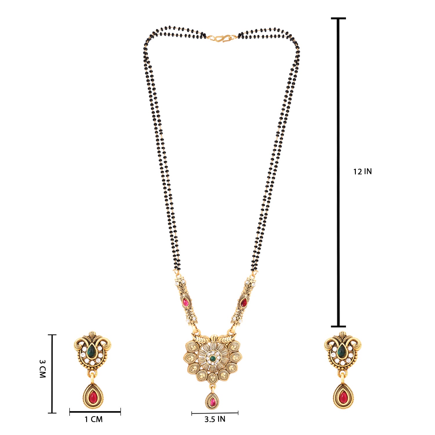 Etnico Gold Plated Traditional antique Pendant & Black Bead Chain Mangalsutra With Earrings For Women
