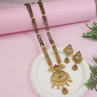 Etnico Gold Plated Traditional Studded Pendant & Black Bead Chain Mangalsutra With Earrings For Women