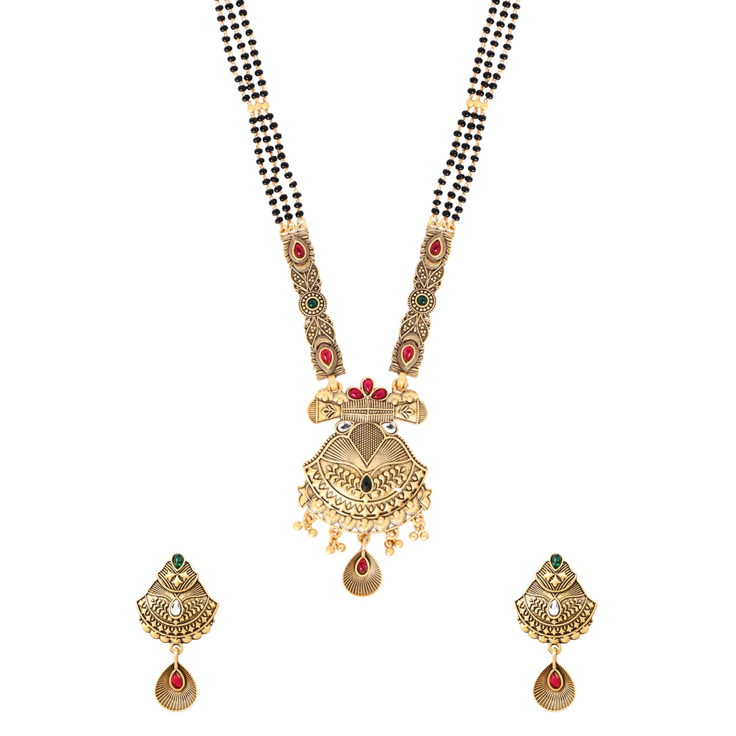 Etnico Gold Plated Traditional Studded Pendant & Black Bead Chain Mangalsutra With Earrings For Women