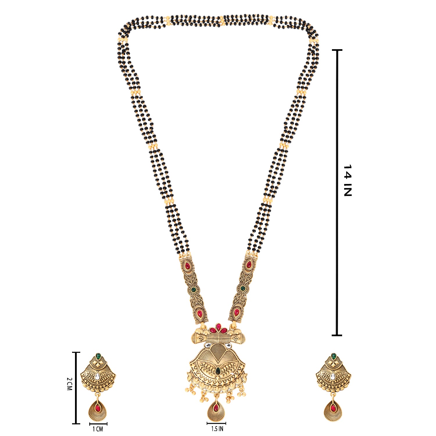 Etnico Gold Plated Traditional Studded Pendant & Black Bead Chain Mangalsutra With Earrings For Women