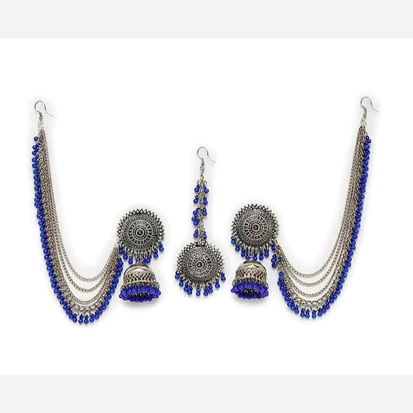 Subhag Alankar Dark Blue Beautiful Kashmiri Tribe Style Jhumka Earrings With Maangtikka Bahubali Alloy Jhumki Earring, Earring Set