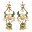 Etnico 18K Gold Plated Intricately Designed Traditional Green Enamel Glided With Kundans & Pearls Jumka Earrings For Women (E2902G)