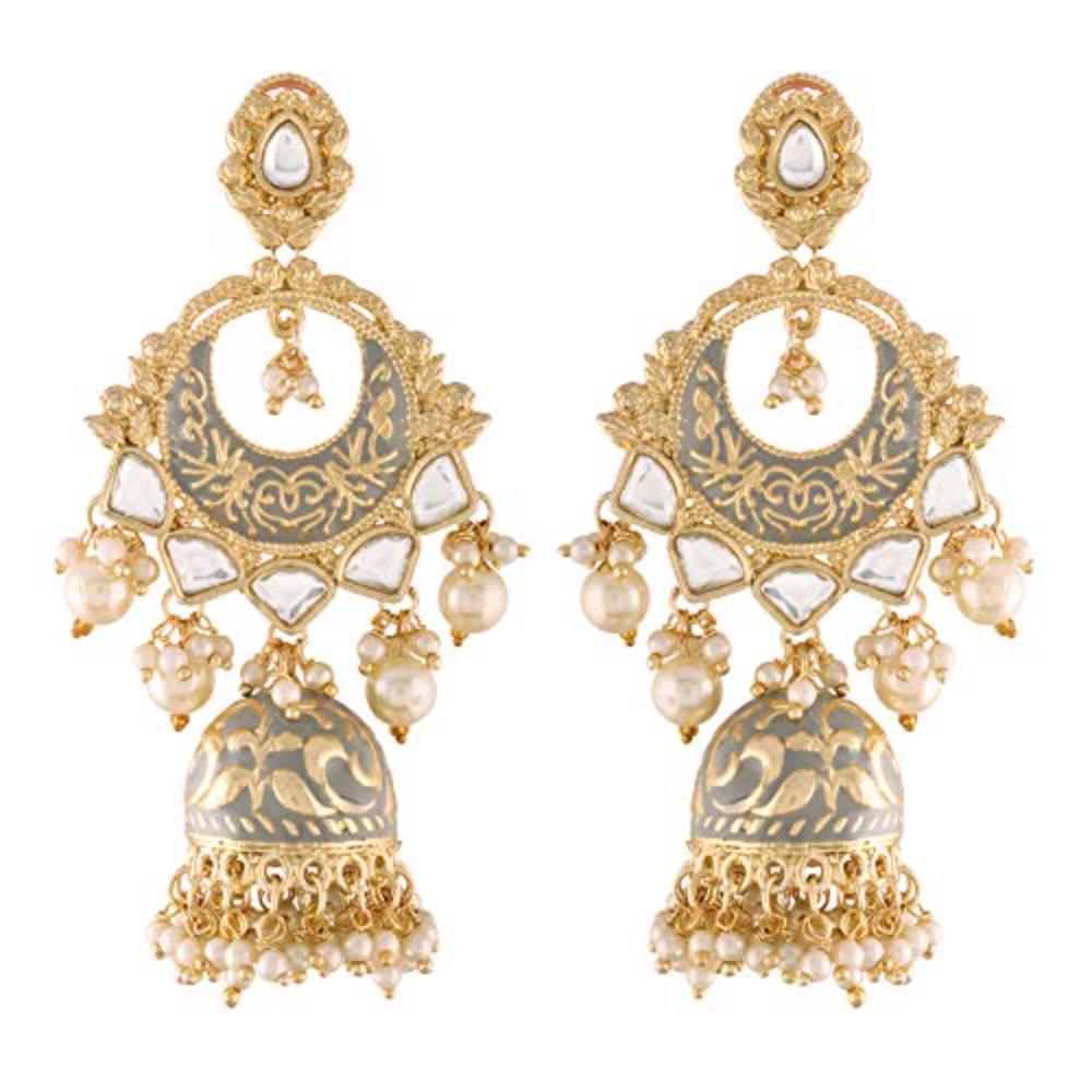 Etnico 18K Gold Plated Intricately Designed Traditional Grey Enamel Glided With Kundans & Pearls Jhumki Earrings For Women (E2905Gr)