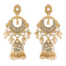 Etnico 18K Gold Plated Intricately Designed Traditional Grey Enamel Glided With Kundans & Pearls Jhumki Earrings For Women (E2905Gr)