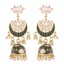Etnico 18K Gold Plated Traditional Floral Kundan Studded Black Meenakari Jhumka Earrings For Women (E2912B)
