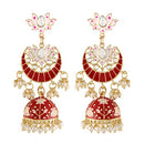 Etnico 18K Gold Plated Traditional Floral Kundan Studded Red Meenakari Jhumka Earrings For Women (E2912R)