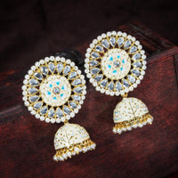 Etnico Gold Plated Traditional Meenakari Kundan & Pearl Jhumka Earring for Women (E2917CBL)
