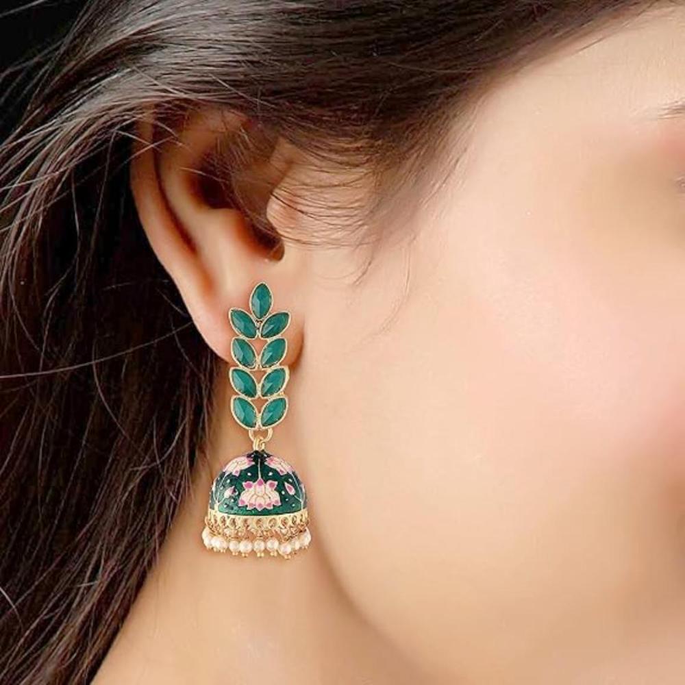 Etnico Gold Plated Meenakari Leaf Shaped Pearl Drop Jhumka Earrings For Women (E2922G)