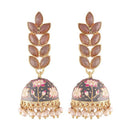 Etnico Gold Plated Meenakari Leaf Shaped Pearl Drop Jhumka Earrings For Women (E2922Gr)
