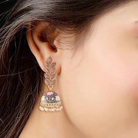 Etnico Gold Plated Meenakari Leaf Shaped Pearl Drop Jhumka Earrings For Women (E2922Gr)