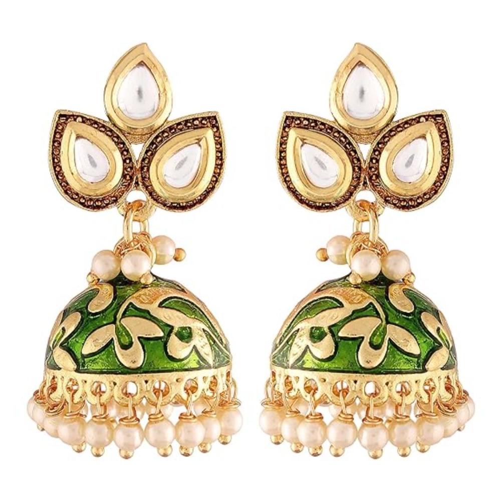 Etnico Gold Plated Meenakari Kundan & Pearl Drop Jhumka Earrings For Women (E2924G)