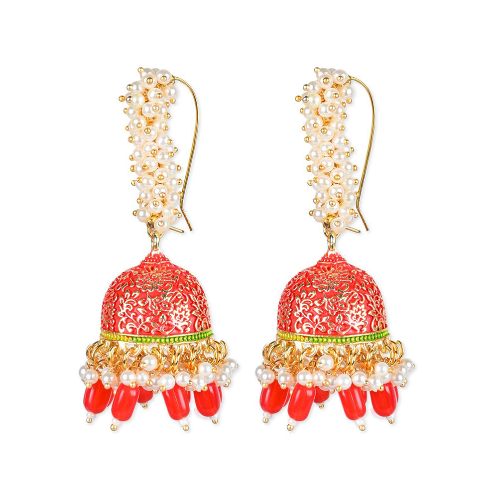 Etnico Gold Plated Traditional Meenakari Handcrafted Red Pearl Jhumki Earrings for Women/Girls(E3072R)