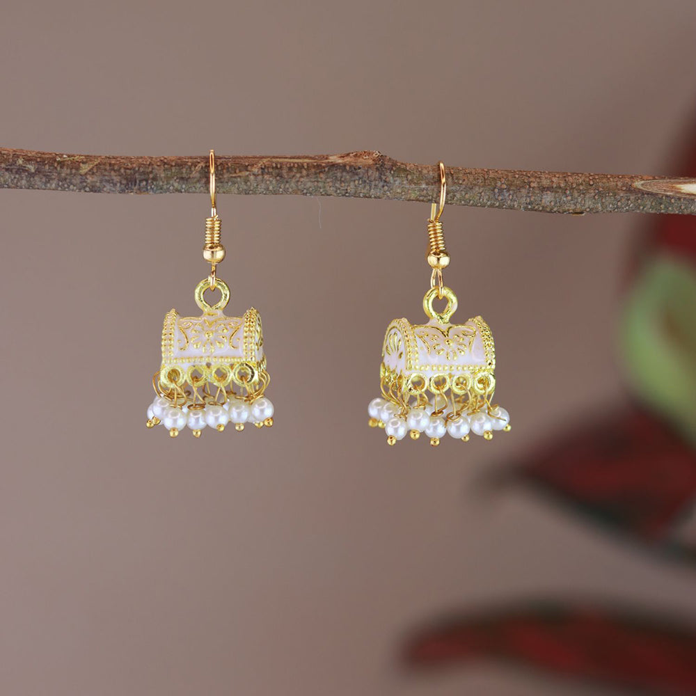 Etnico Gold Plated Traditional Meenakari Handcrafted White Pearl Jhumki Earrings for Women/Girls(E3074W)