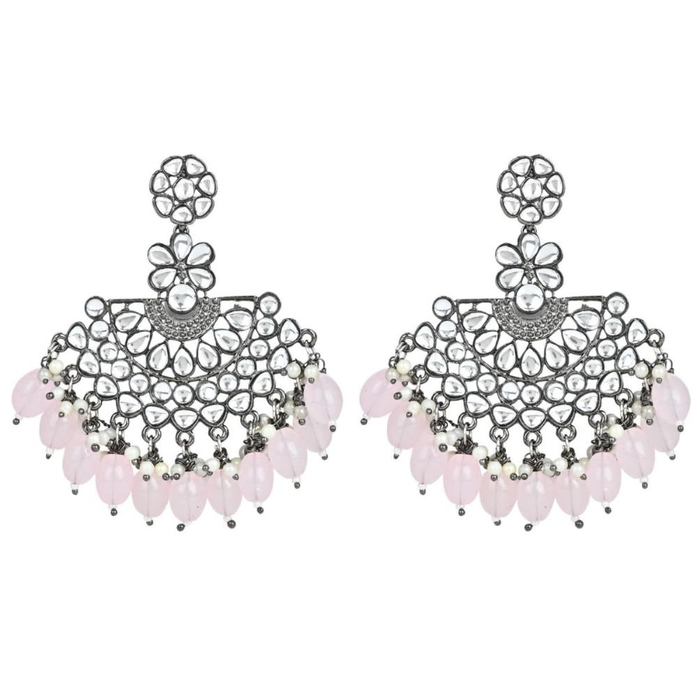 Etnico Silver Oxidised Kundan & Pearl Chandbali Earrings For Women (E3106ZPi)