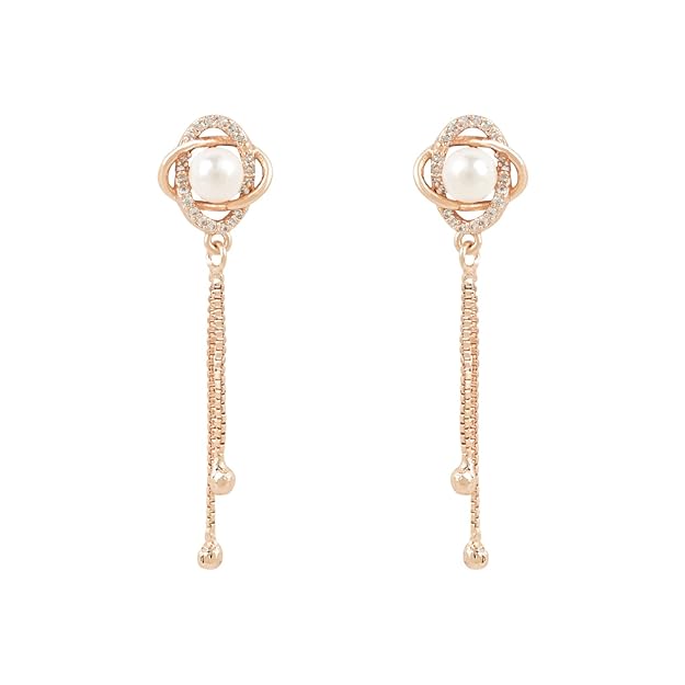 Etnico Rose Gold Plated Floral Shape Sparkling Stud CZ American Diamond Mother's Day Special Pearl Studed Tassel Drop Fashionable Earrings for Women