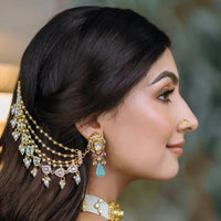 Etnico Gold Plated Traditional Layered Pearl Beaded Ear Chain with Kundan Accents for Women