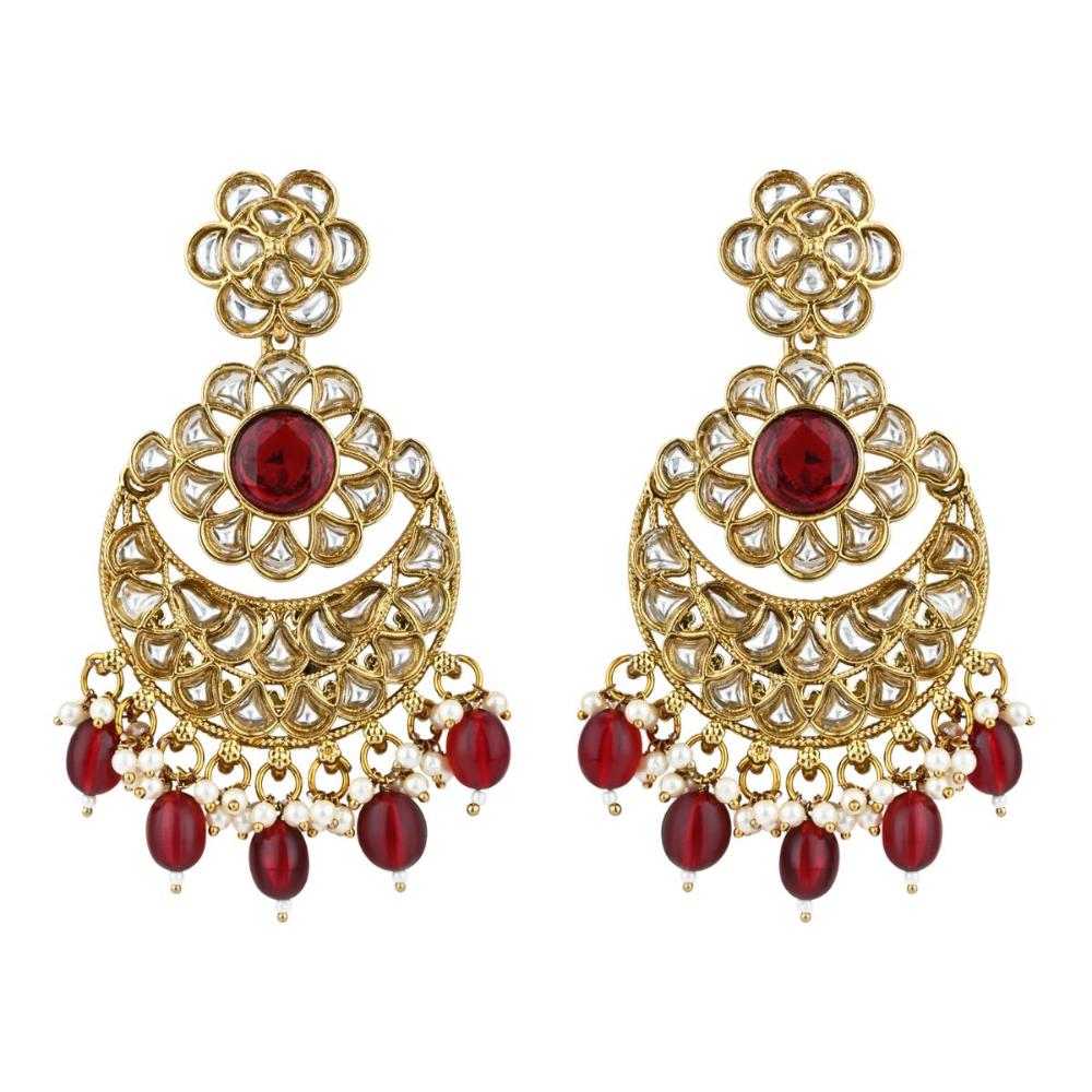 Etnico Gold Plated Traditional Handcrafted Kundan Pearl Floral Design Earrings For Women (Maroon)