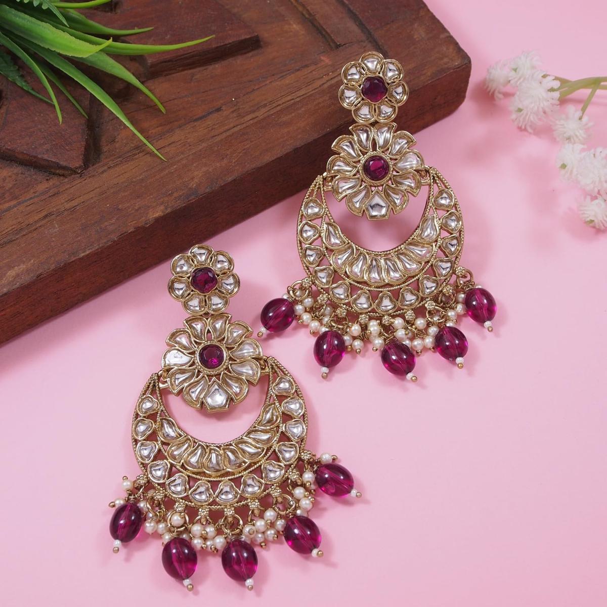 Etnico Gold Plated Traditional Handcrafted Kundan Pearl Floral Design Earrings For Women/Girls