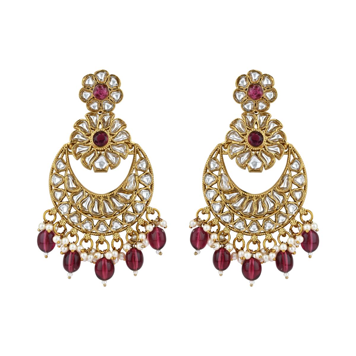 Etnico Gold Plated Traditional Handcrafted Kundan Pearl Floral Design Earrings For Women/Girls