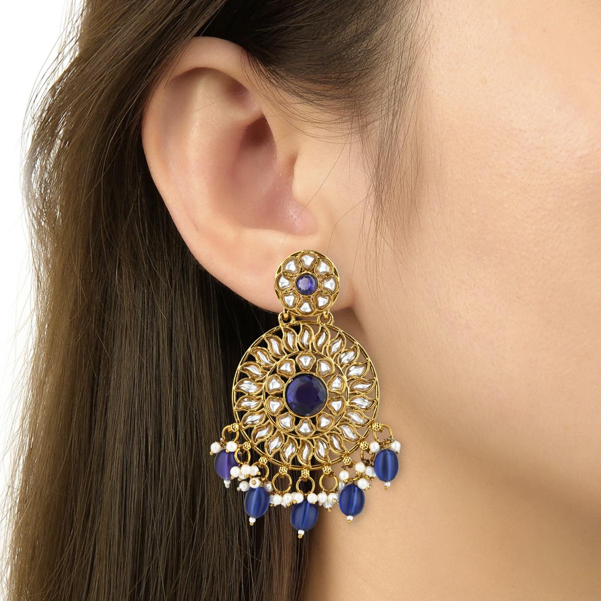 Etnico Gold Plated Traditional Handcrafted Kundan Pearl Floral Design Earrings For Women/Girls