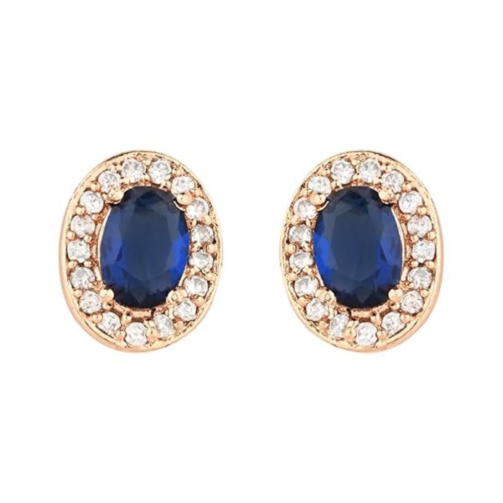 Etnico Stylish Latest Fashion Rose Gold Plated CZ American Diamond Oval Shape Stud Earrings for Women (Blue)