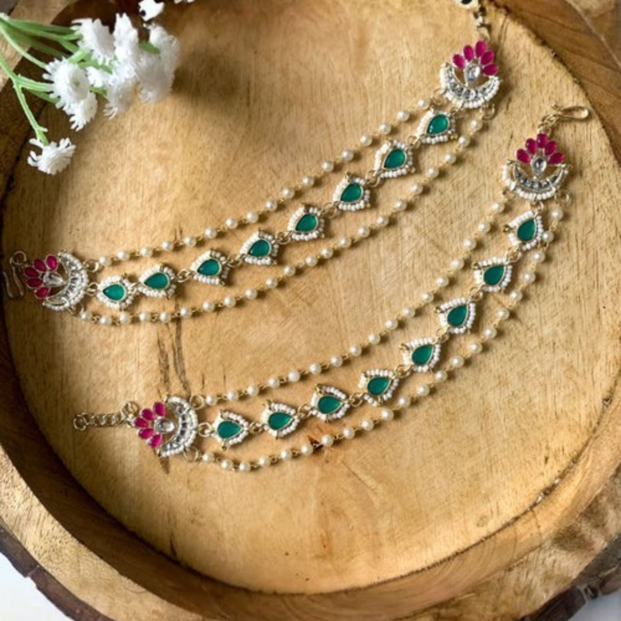 Etnico Gold Plated Traditional Layered Pearl Beaded Ear Chain with Kundan for Women