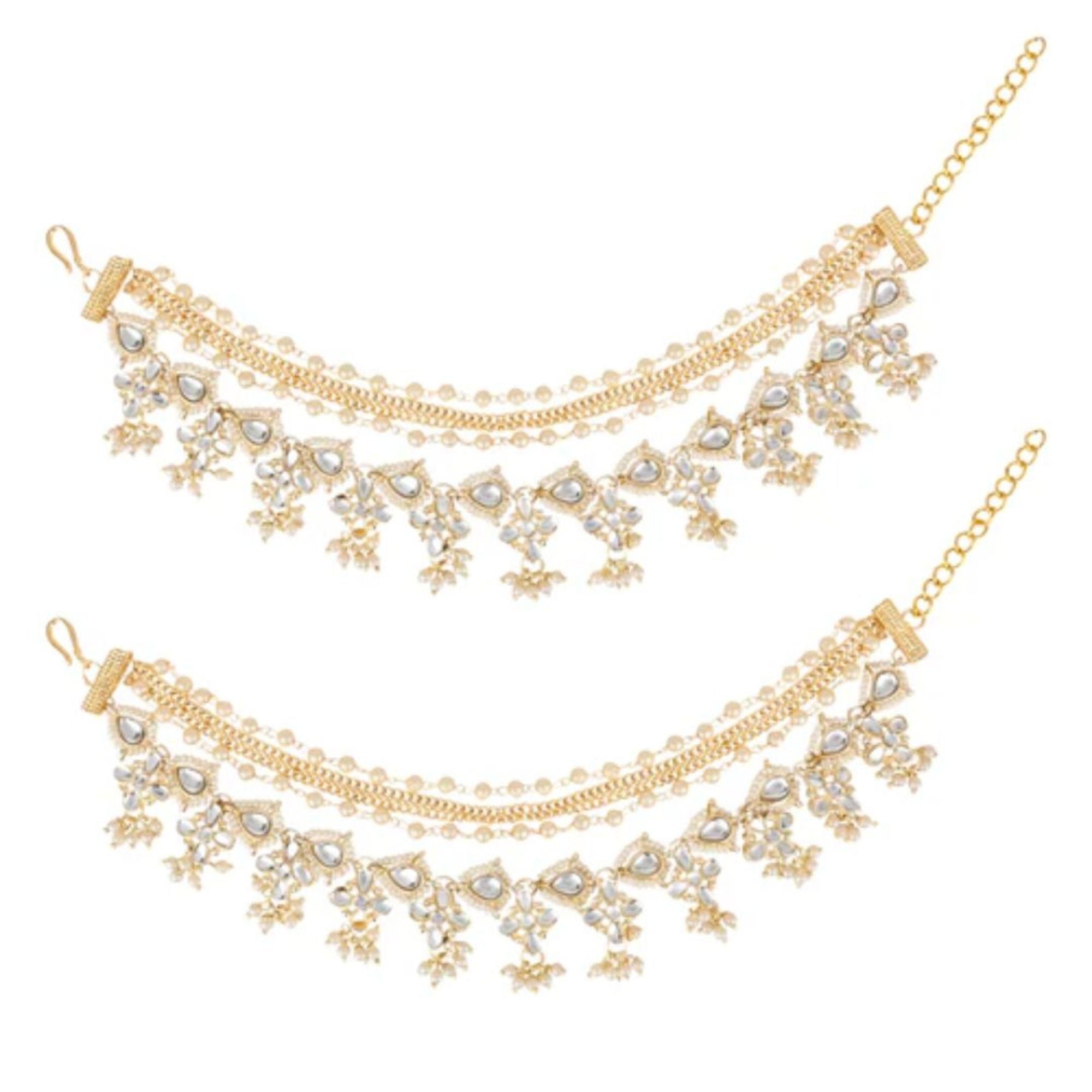 Etnico Gold Plated Traditional Layered Pearl Beaded Ear Chain with Stone Embellishments for Women