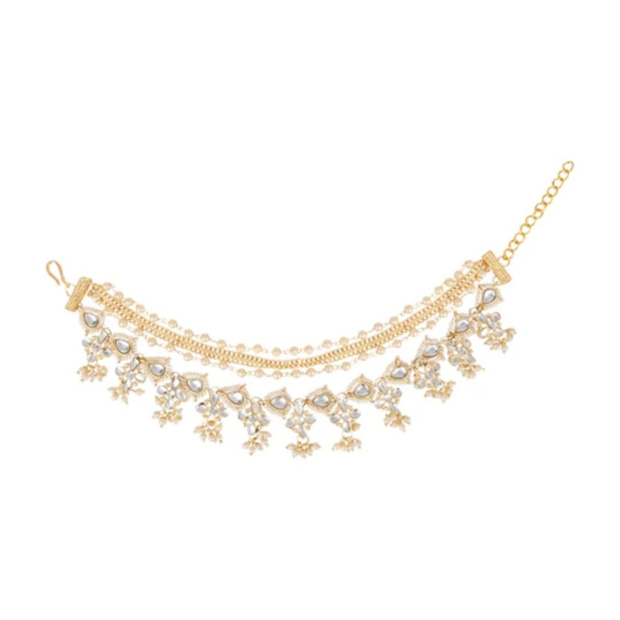 Etnico Gold Plated Traditional Layered Pearl Beaded Ear Chain with Stone Embellishments for Women