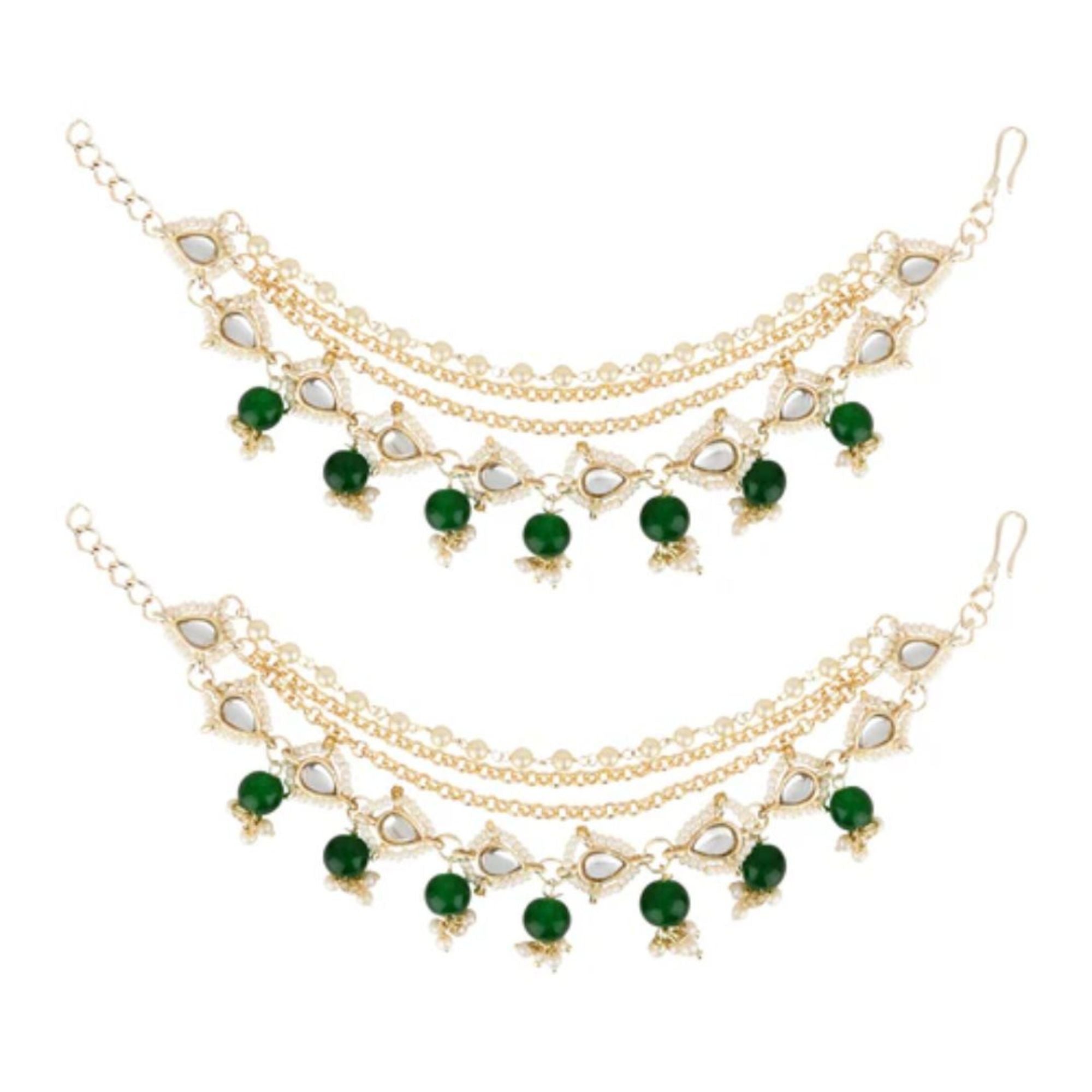 Etnico Gold Plated Traditional Layered Pearl Beaded Ear Chain with Stone Drops for Women