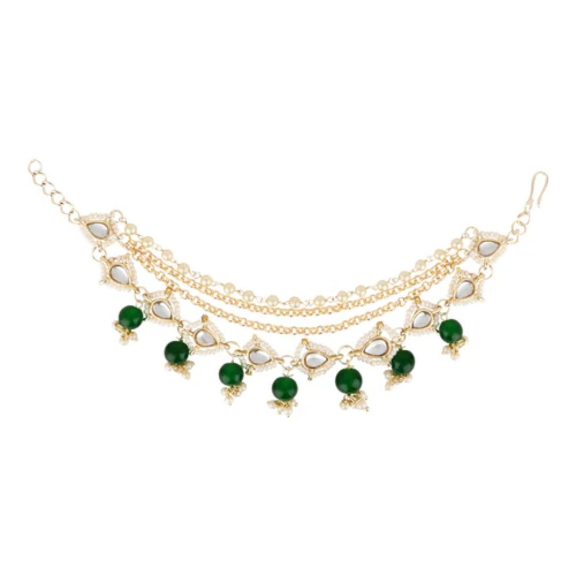 Etnico Gold Plated Traditional Layered Pearl Beaded Ear Chain with Stone Drops for Women