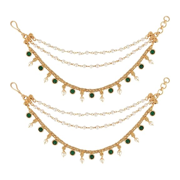 Etnico Gold Plated Traditional Kundan & Pearl Hair Chain/Ear chain Accessories with Hook for Women
