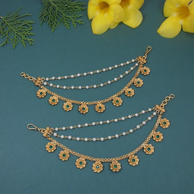 Etnico Gold Plated Traditional Pearl Layered Hair Chain/Ear chain Accessories with Hook for Women