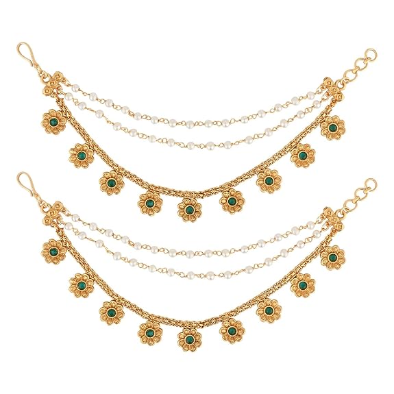 Etnico Gold Plated Traditional Pearl Layered Hair Chain/Ear chain Accessories with Hook for Women