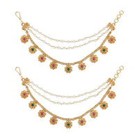 Etnico Gold Plated Traditional Flower Pearl Layered Hair Chain/Ear chain Accessories with Hook for Women