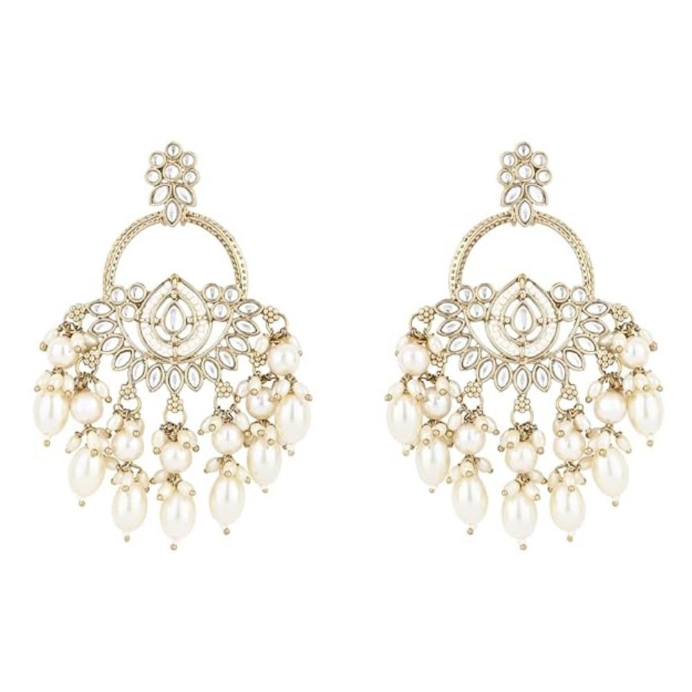 Etnico Gold Plated Traditional Handcrafted Kundan Pearl Chandbali Dangle Earrings for Women (E3221) (White)