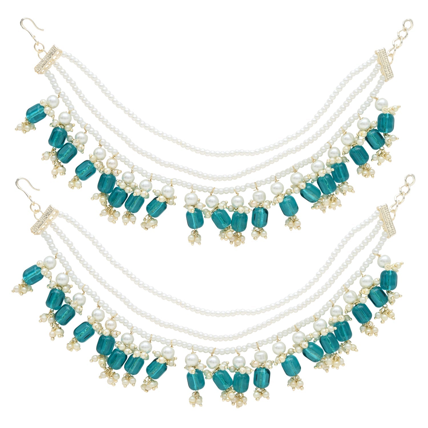Etnico Gold Plated Traditional Pearl Layered Hair Chain/Earchain Accessories with Hook for Women 