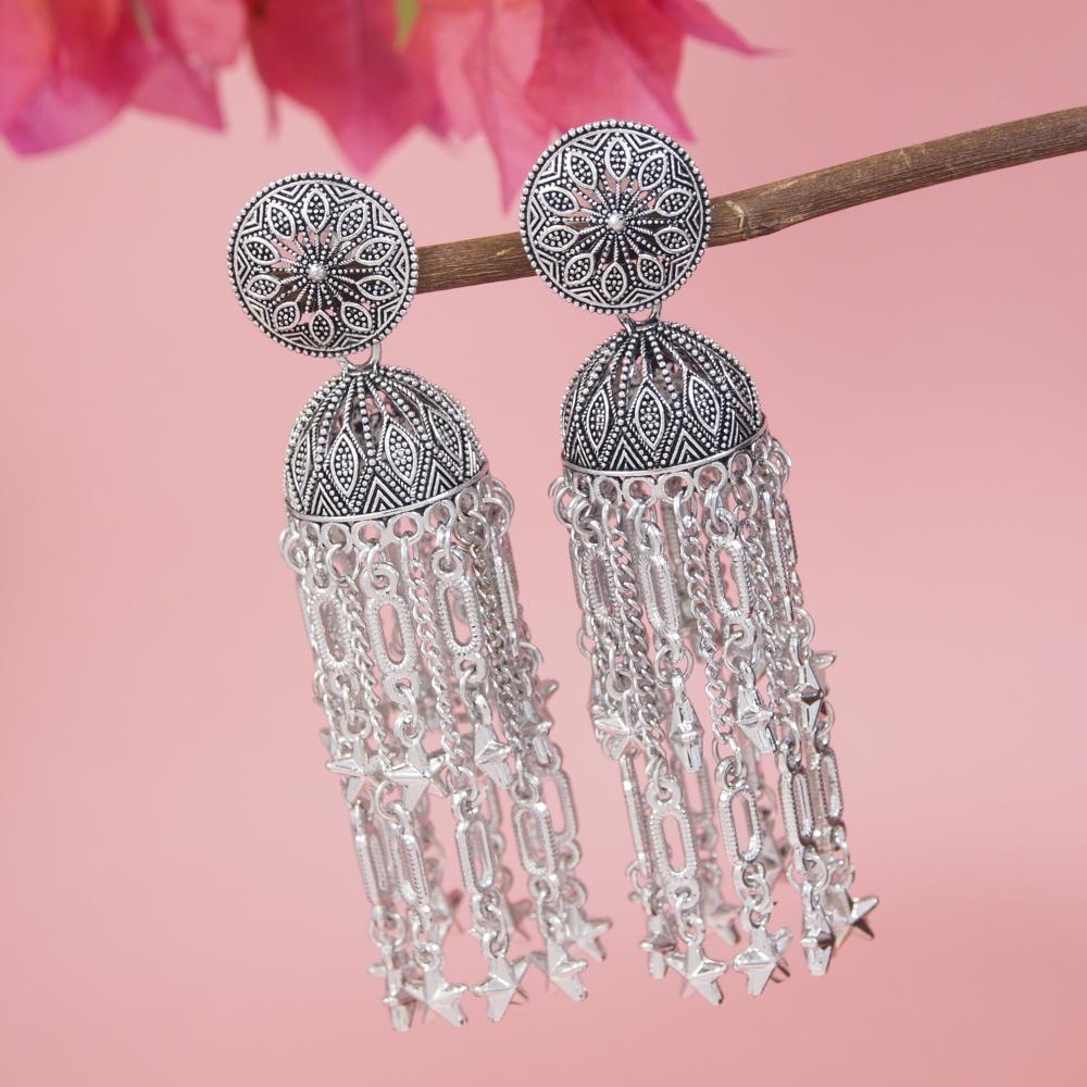 Etnico Silver Oxidised Afghani Style Boho Jhumka Earrings For Women (E3277OX)