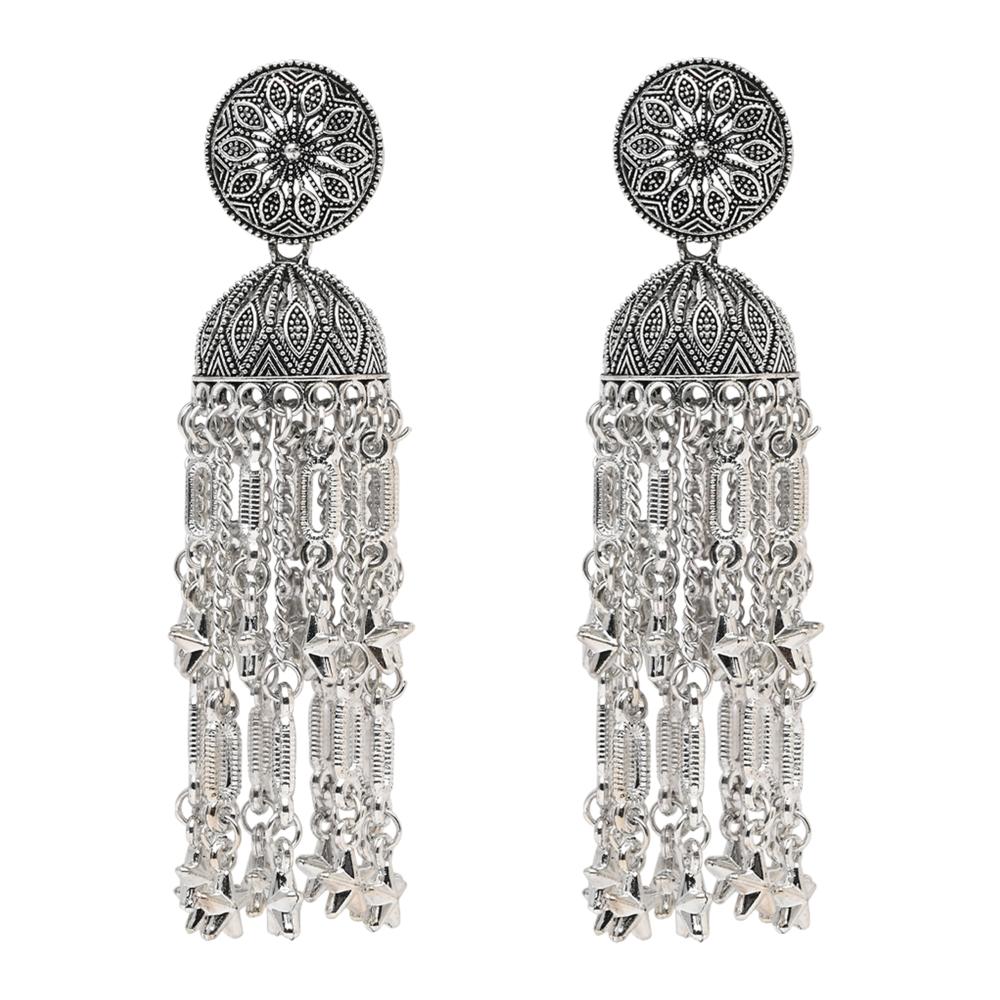 Etnico Silver Oxidised Afghani Style Boho Jhumka Earrings For Women (E3277OX)