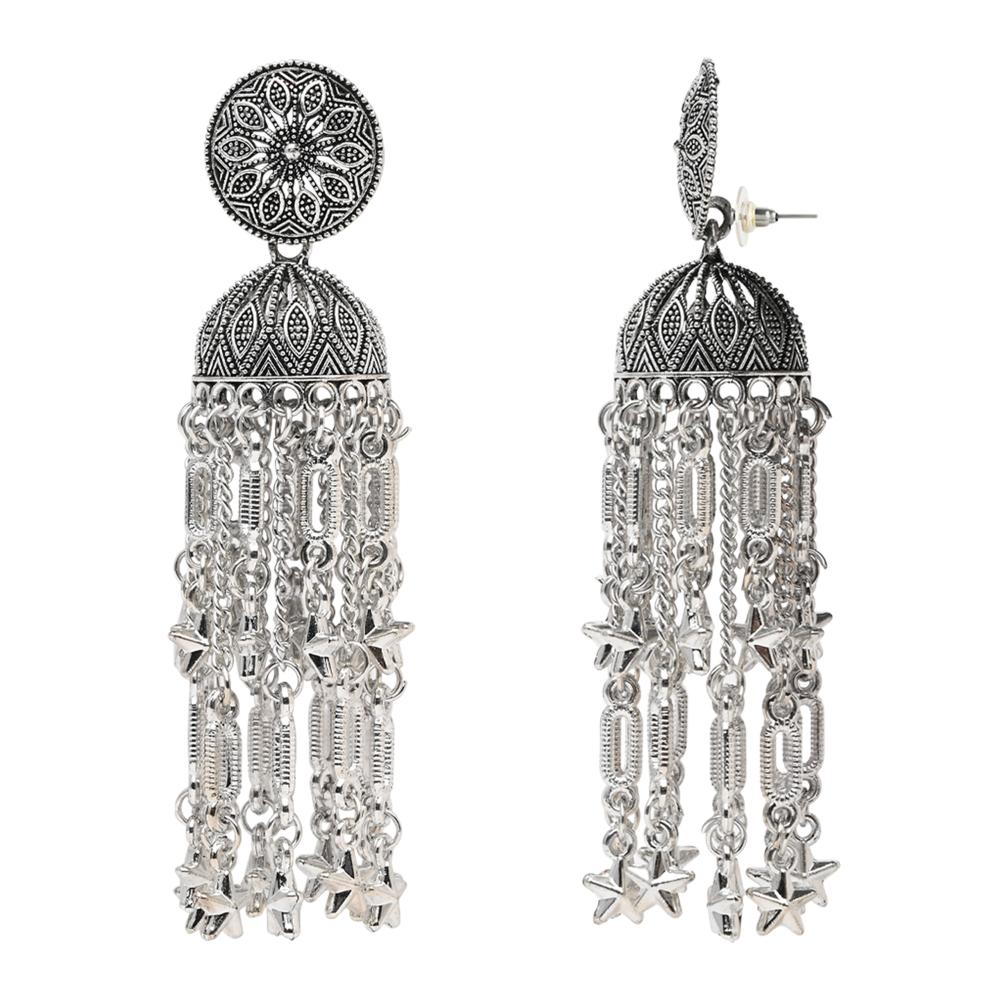 Etnico Silver Oxidised Afghani Style Boho Jhumka Earrings For Women (E3277OX)