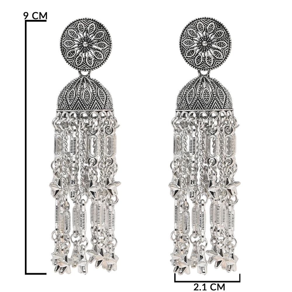 Etnico Silver Oxidised Afghani Style Boho Jhumka Earrings For Women (E3277OX)