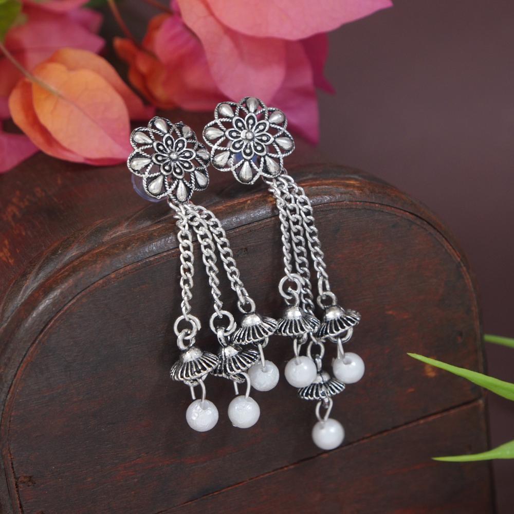 Etnico Silver Oxidised Afghani Style Floral Earrings For Women (E3279OX)