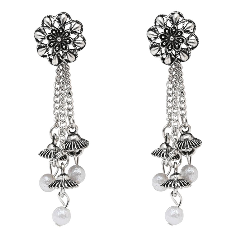 Etnico Silver Oxidised Afghani Style Floral Earrings For Women (E3279OX)