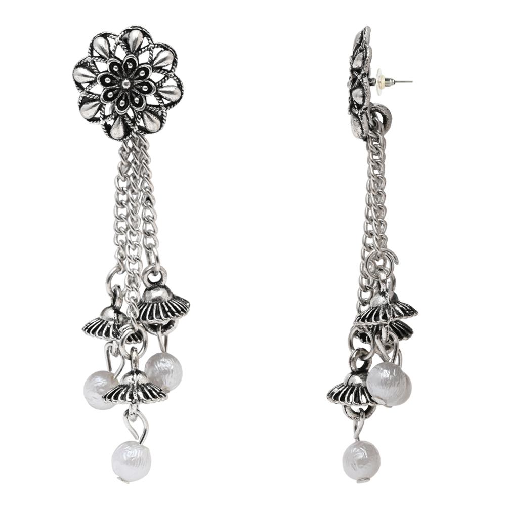 Etnico Silver Oxidised Afghani Style Floral Earrings For Women (E3279OX)