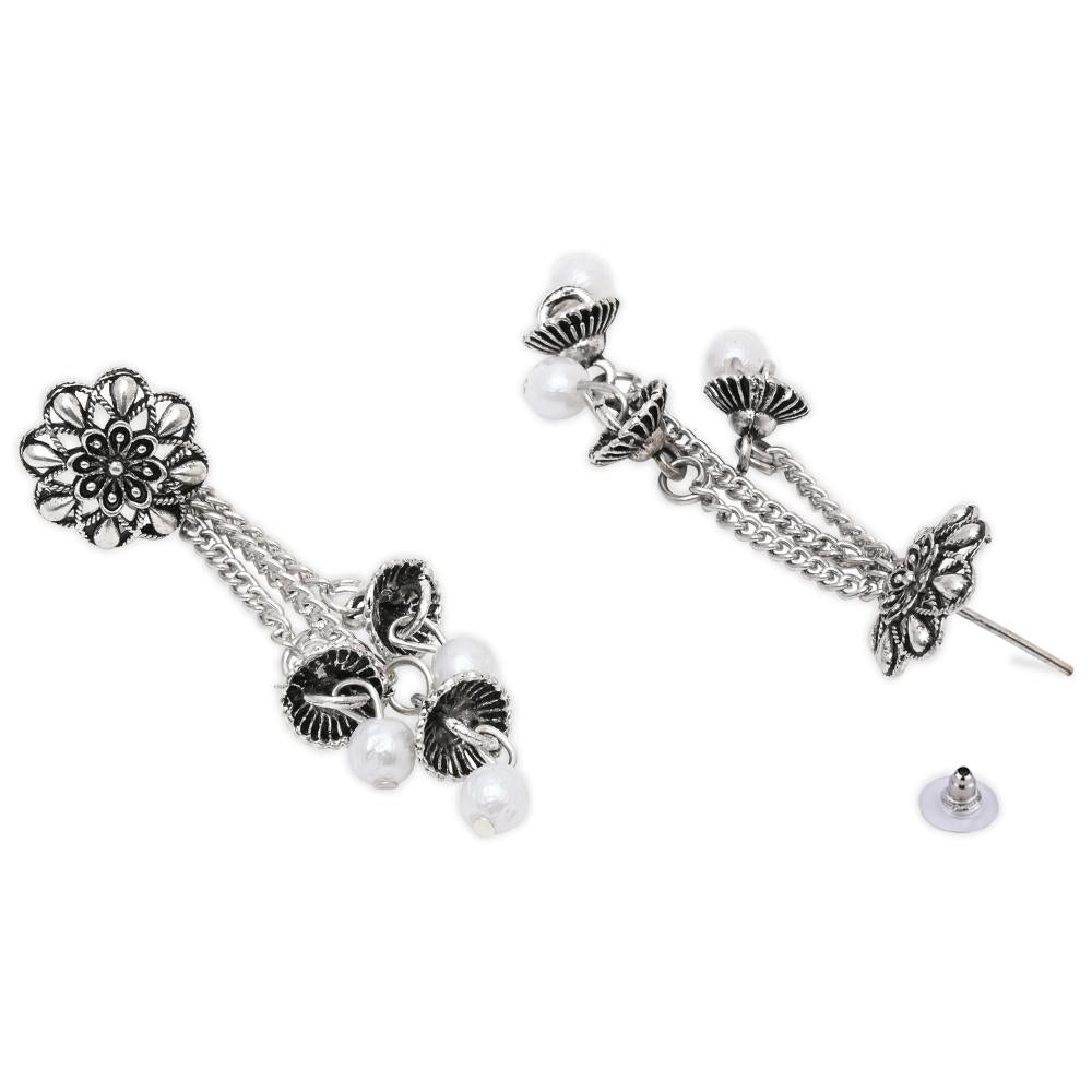 Etnico Silver Oxidised Afghani Style Floral Earrings For Women (E3279OX)