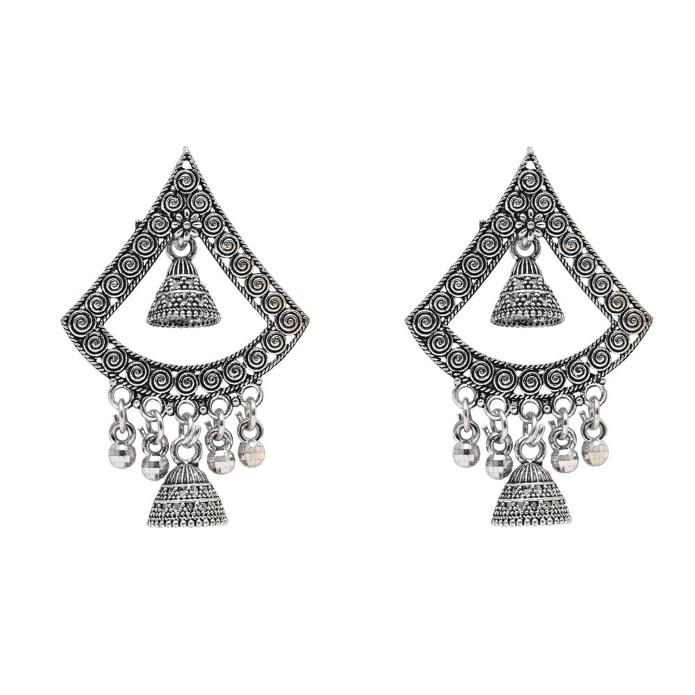 Etnico Silver Oxidised Afghani Style Boho Dangle Earrings For Women (E3281OX)