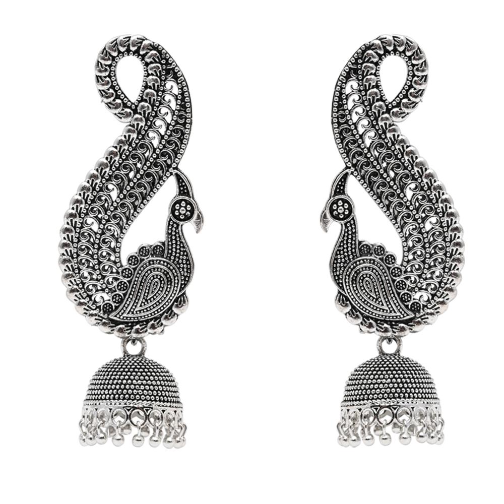 Etnico Silver Oxidised Peacock Afghani Boho Jhumka Earrings For Women (E3283OX)